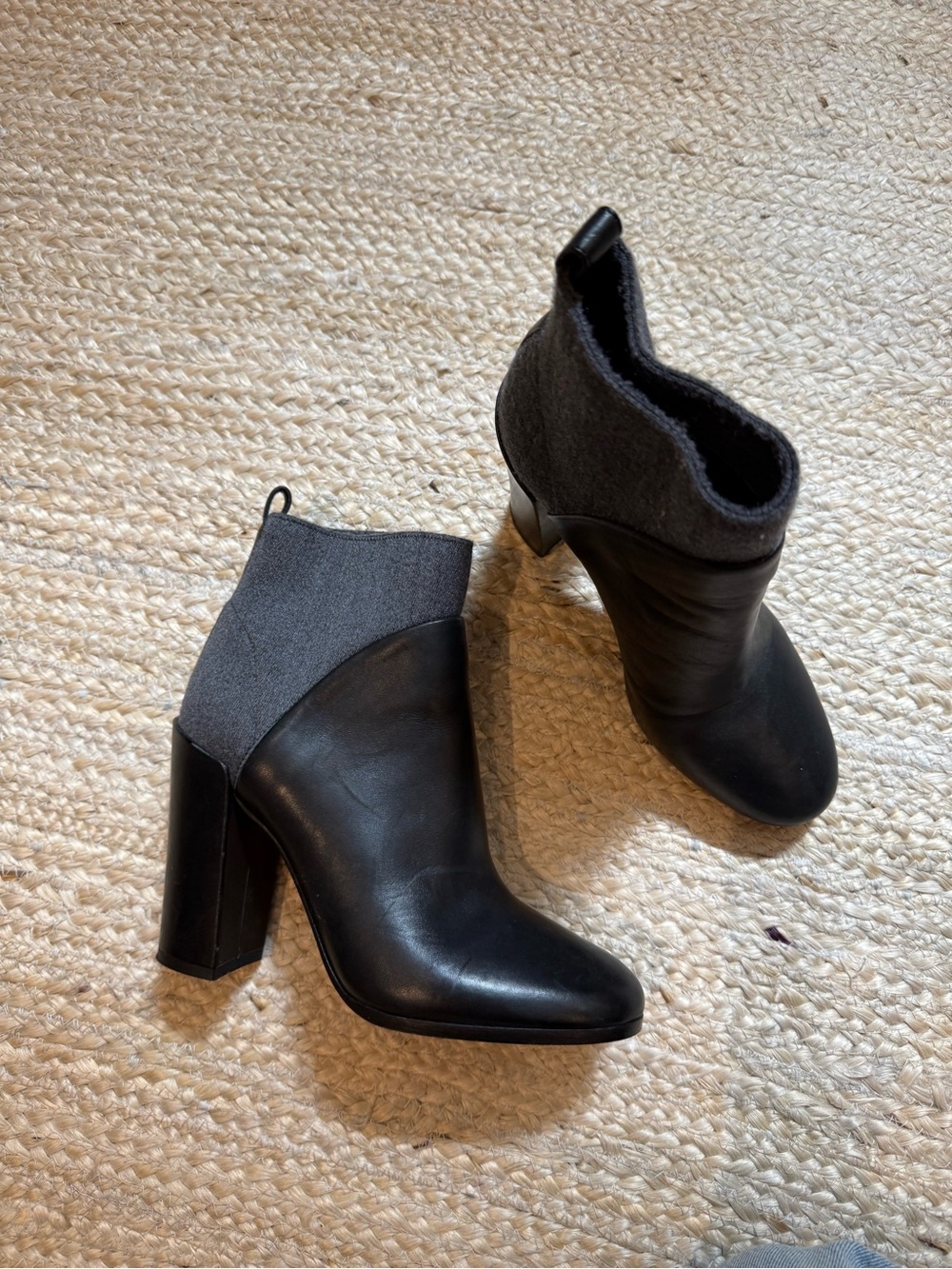 Vince Black Leather Ankle Boots with Gray Knit Cuff